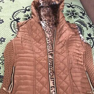 Louise Paris Coffee Brown Quilted Animal Print Faux Vest, reversible, hooded